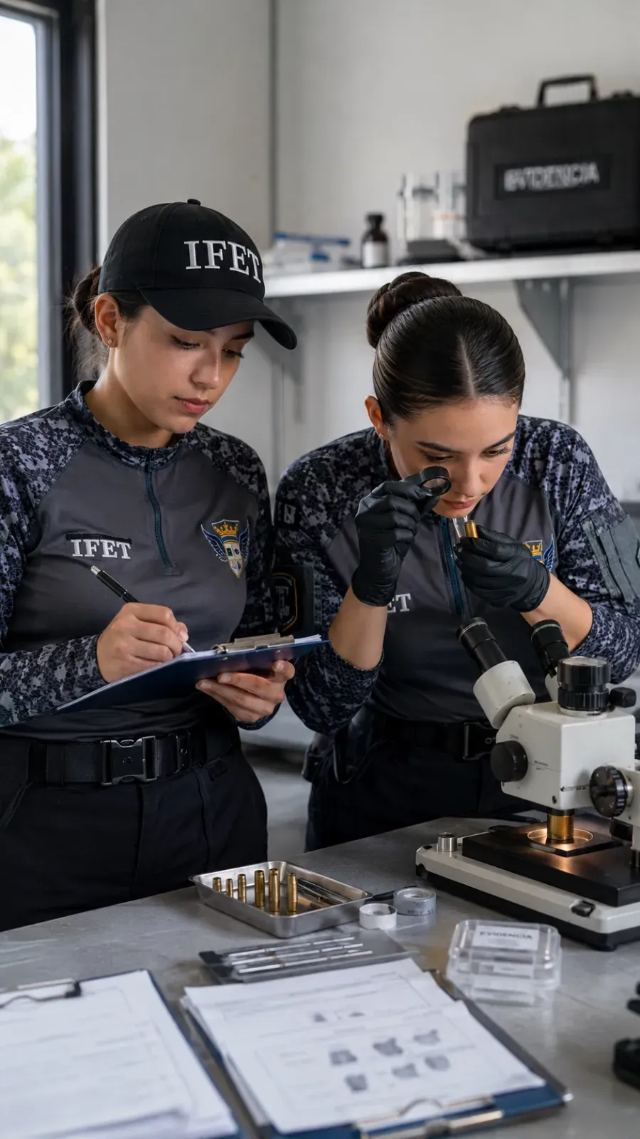 Estudiantes de Criminalística del IFET analizando evidencia balística en el laboratorio